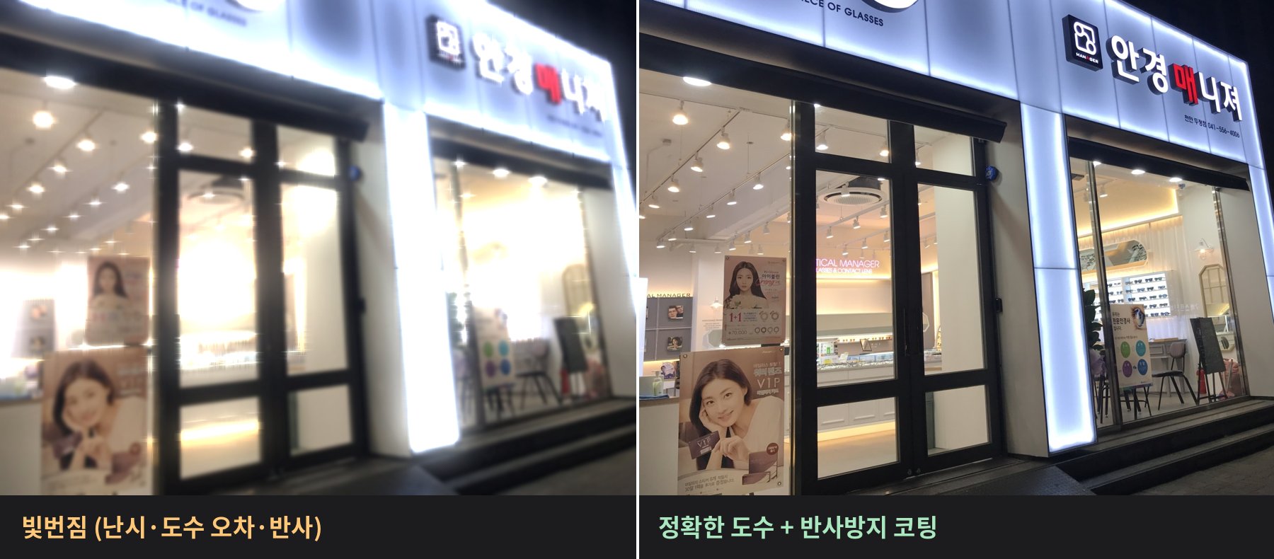 불당동 직장인 야간운전안경 빛번짐 비교 — 난시·도수 오차 시 번짐과 반사방지 코팅 렌즈 착용 시 모습